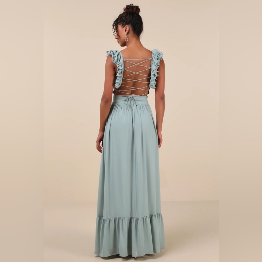 Lulus Soiree Celebration Light Blue Green Floral Ruffled Lace-Up Maxi prom Dress - Picture 3 of 12